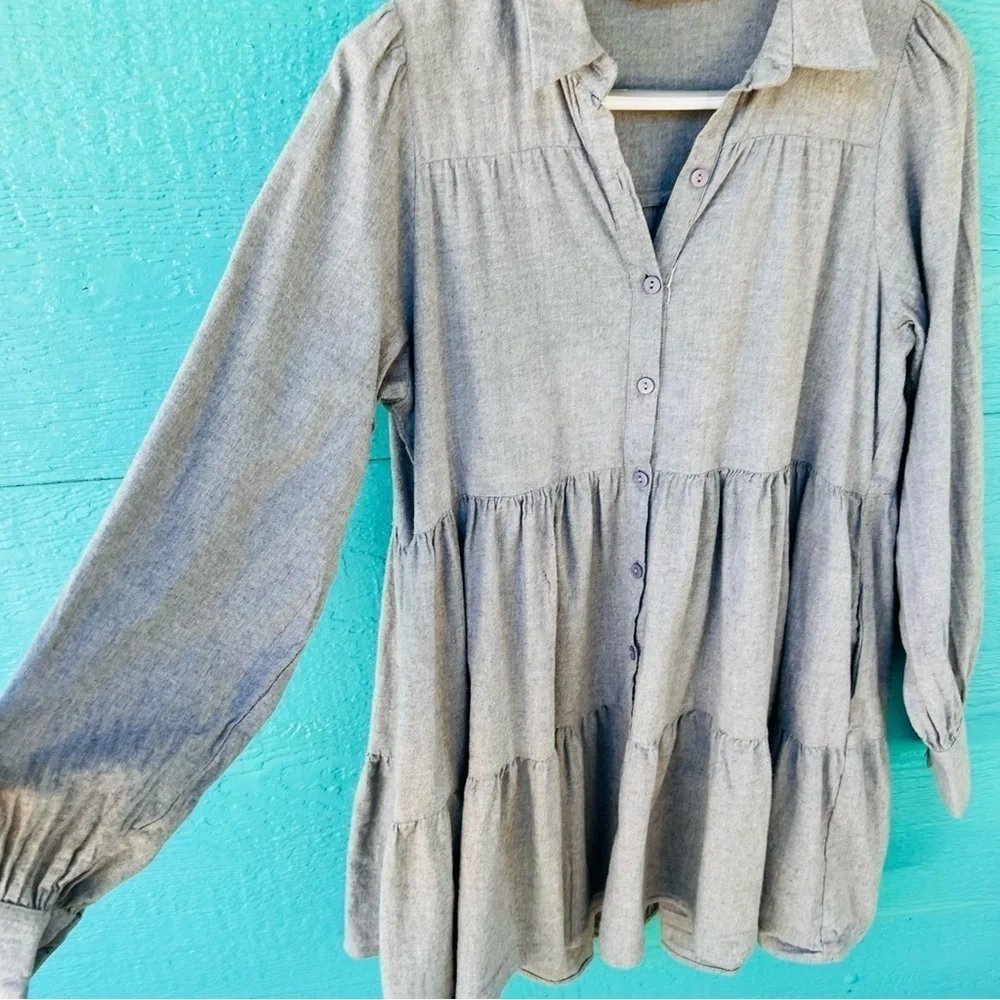 ZARA FLANNEL BUTTON DOWN BABY DOLL DRESS TIERED WITH POCKETS GRAY SIZE SMALL